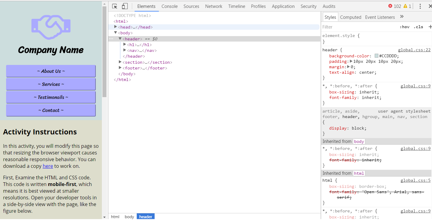 Shows dev tools side-by-side with site view.